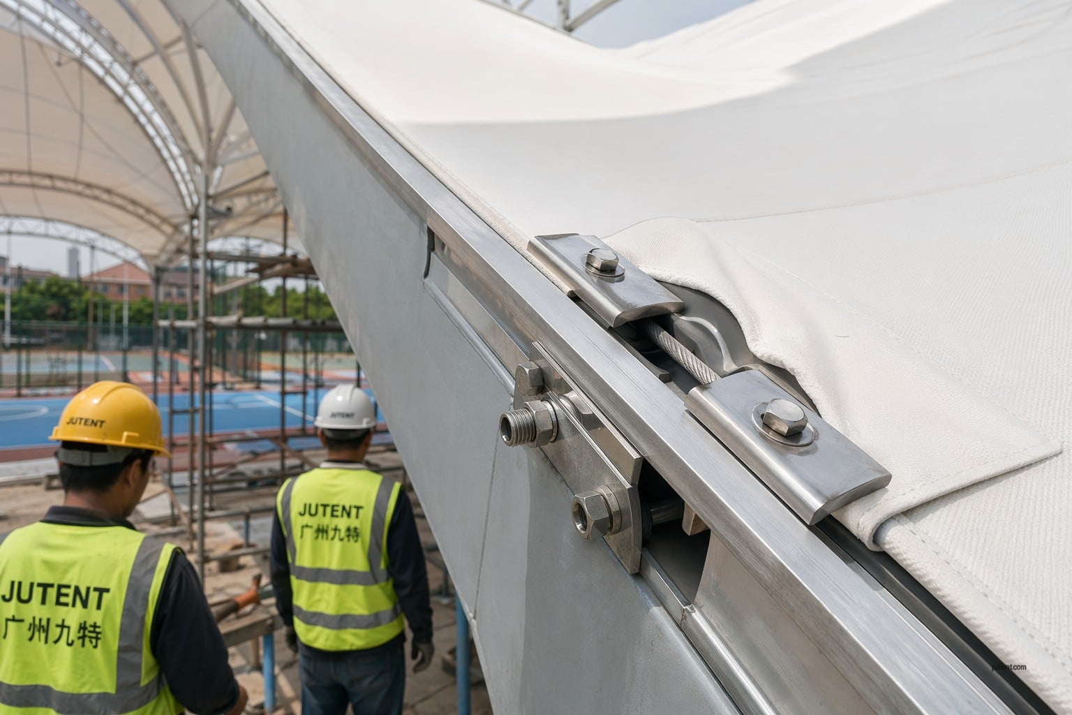 Gambar rapat sambungan tepi membran tegang menunjukkan fabrik PVDF putih diapit ke dalam penyemperitan aluminium dengan perkakasan keluli tahan karat dan kabel tepi yang ditegangkan.