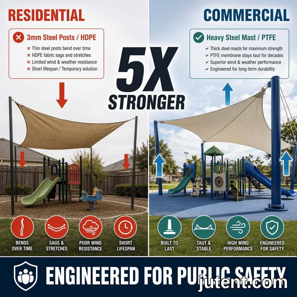 Infografía comparativa dividida: vela de sombra residencial con postes delgados y tela combada versus toldo tensado de membrana comercial con mástiles de acero robustos y membrana de PTFE tensa.