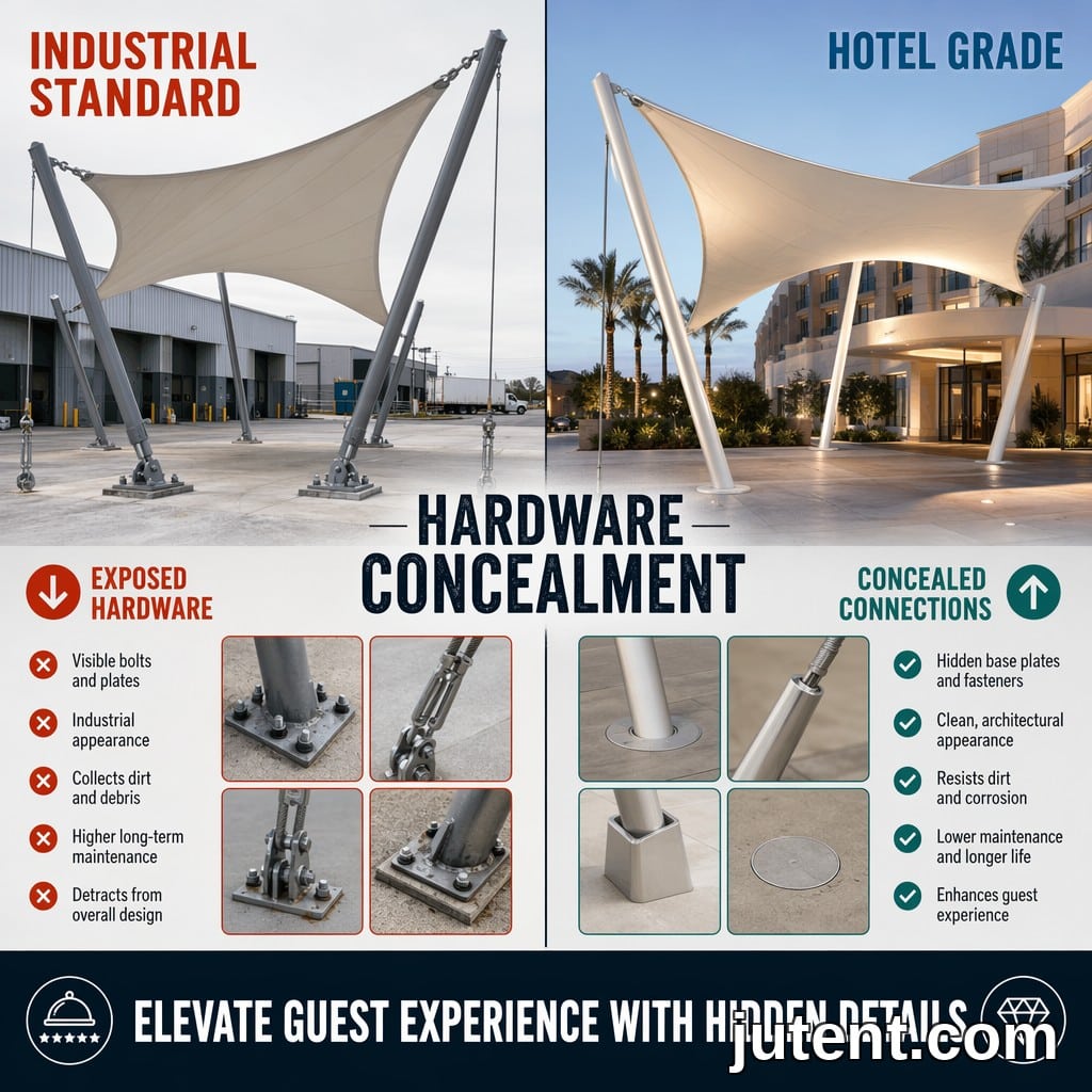 Comparison of industrial tensile canopy with exposed bolts versus hotel tensile canopy with recessed base plates and shrouded connections