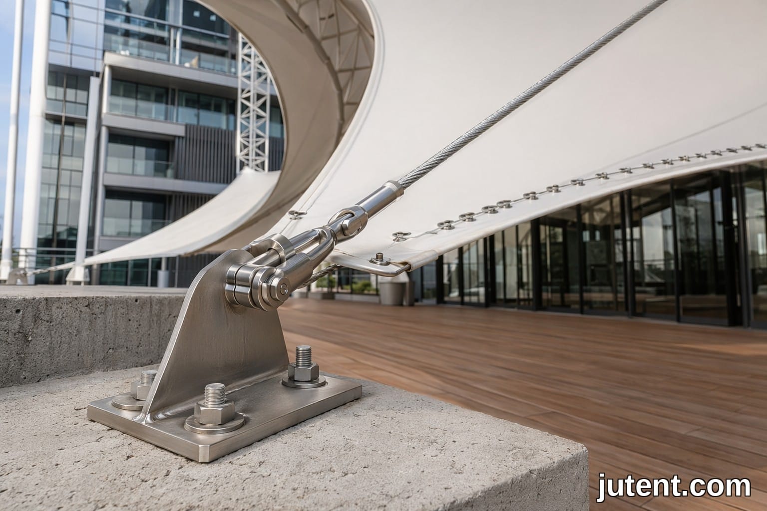 Close-up of stainless steel edge cable and anchor plate on a taut white PTFE tensile membrane canopy for hotel terrace