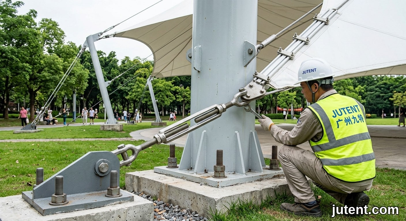 Cận cảnh kết nối thanh căng cáp cạnh bằng thép không gỉ tại tấm đế cột thép với bu lông neo trong móng bê tông cho kết cấu che bóng căng dây tại công viên công cộng