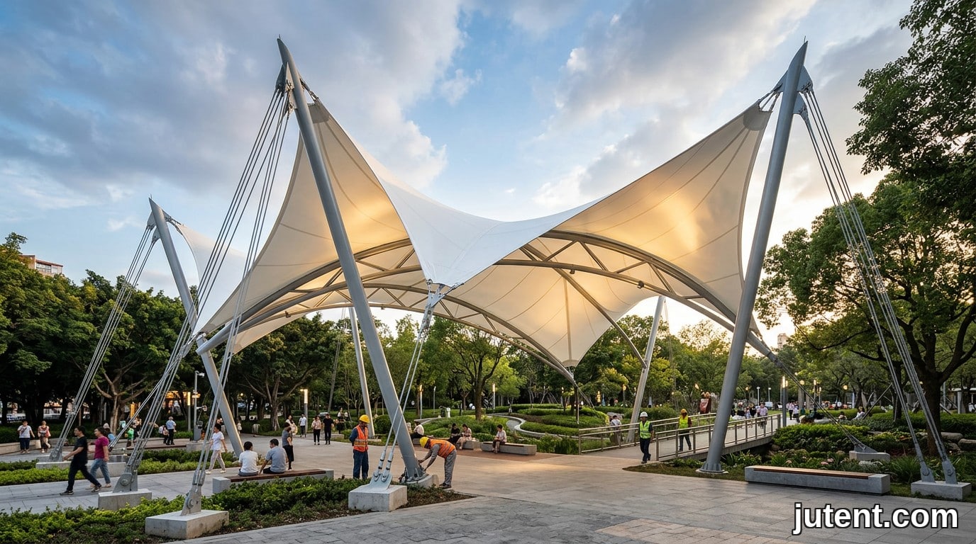 Durable tensile membrane shade structure in a public park with UV protection and wind load compliance for longevity