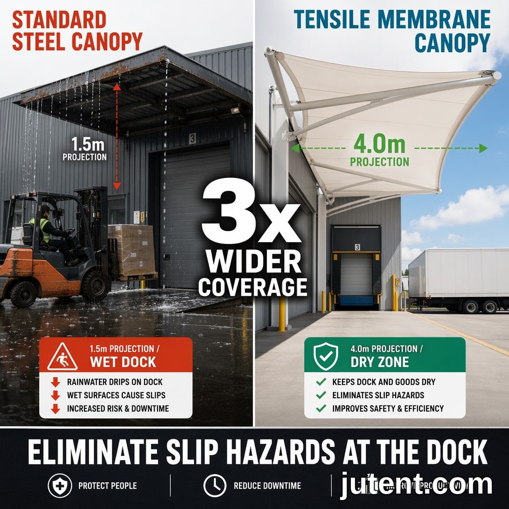 Split comparison infographic showing a standard 1.5m steel canopy with wet dock and slipping forklift versus a Jutent 4.0m tensile membrane canopy providing a dry, safe loading zone