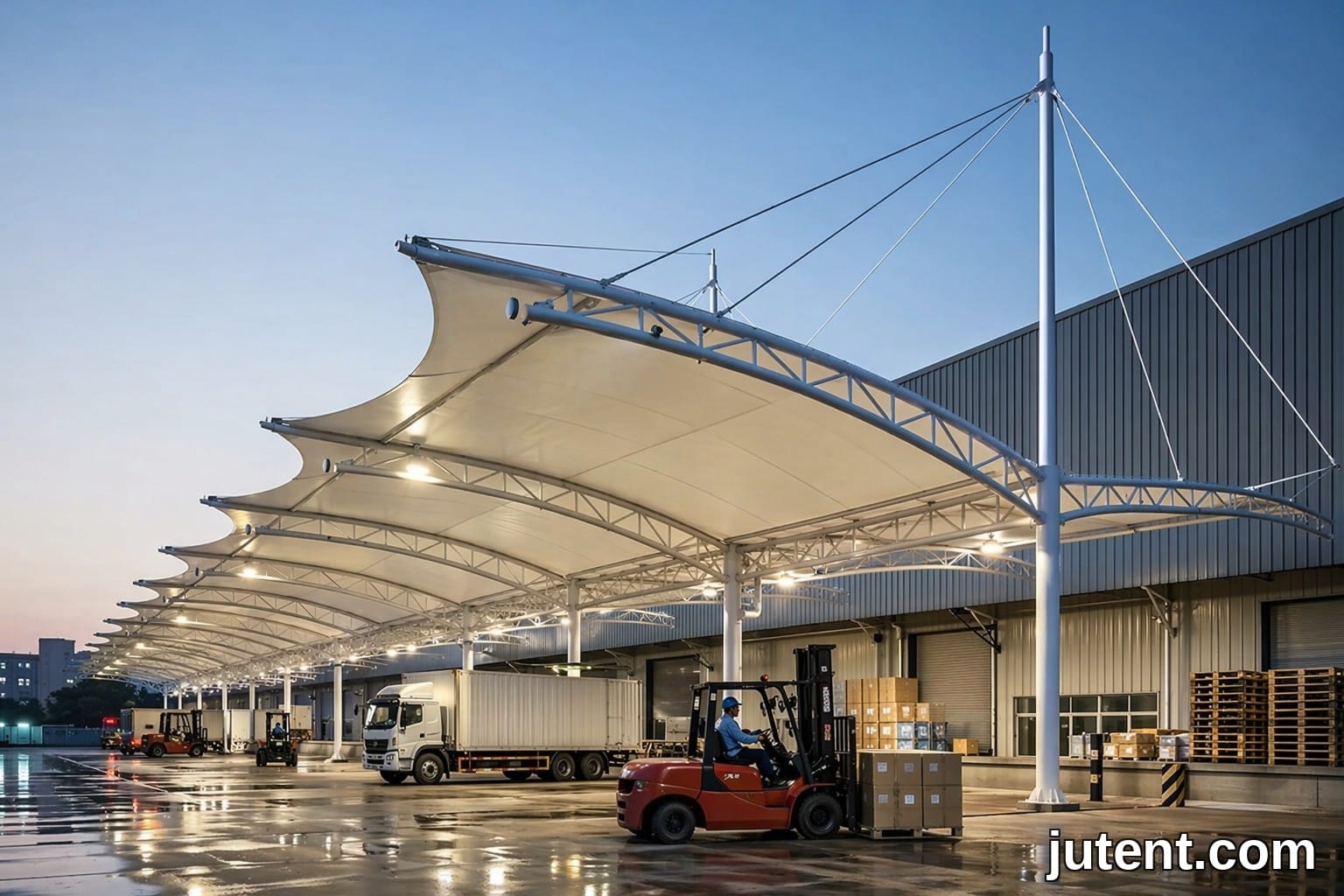 Industrial loading dock canopy with tensile membrane structure protecting warehouse operations from weather, showing clearance height and structural form