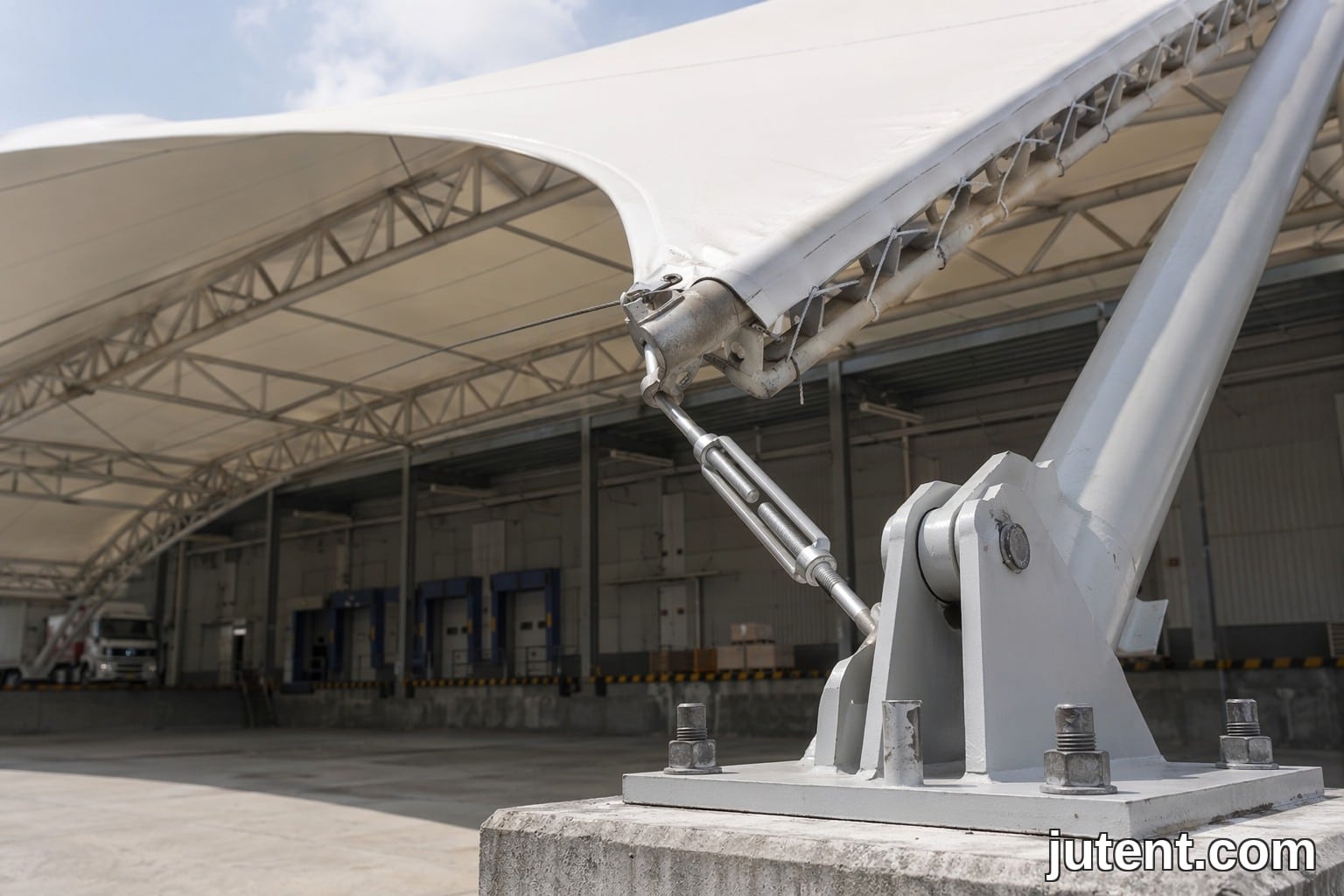 Close-up of steel base plate and anchor detail for a tensile membrane warehouse canopy, with taut PTFE fabric and ridge cable