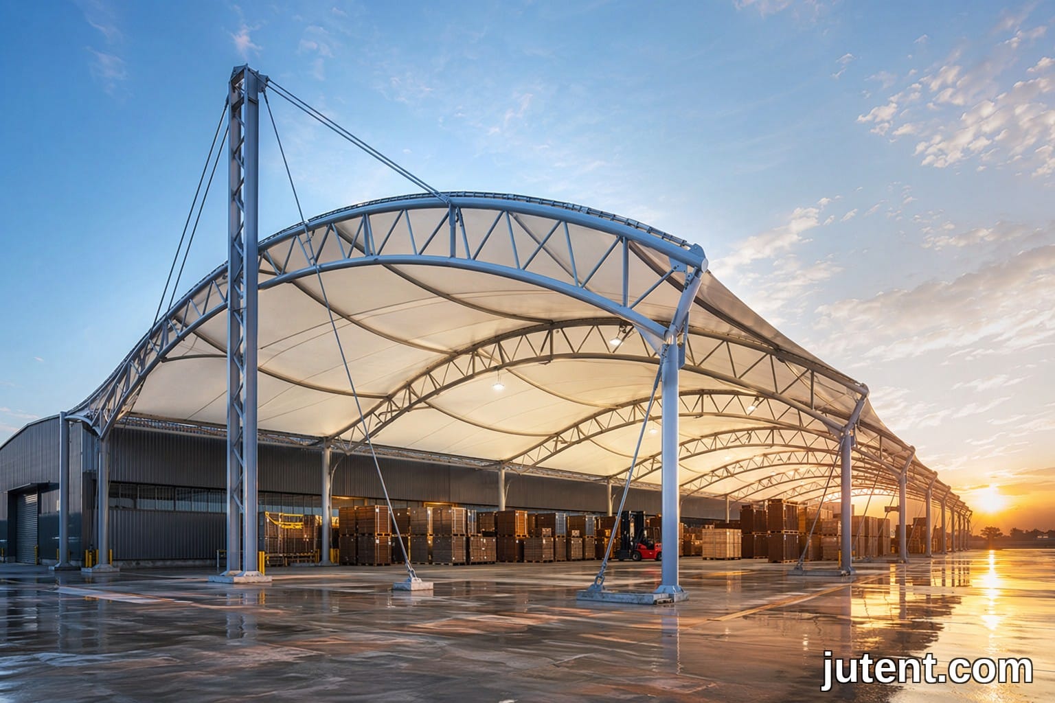 Large industrial warehouse tensile membrane canopy extension providing covered storage for heavy logistics equipment and materials