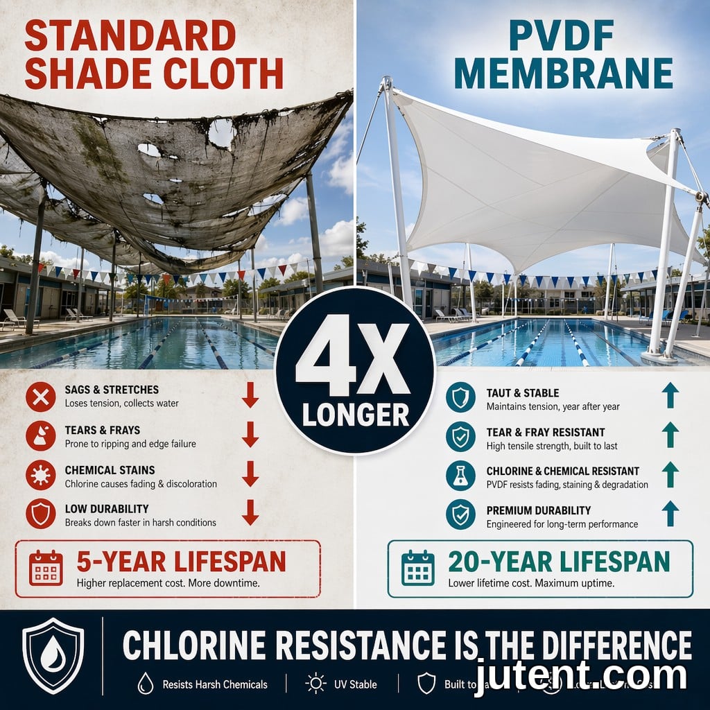 Split comparison of degraded HDPE shade cloth versus durable PVDF tensile membrane over a swimming pool showing chlorine resistance benefits