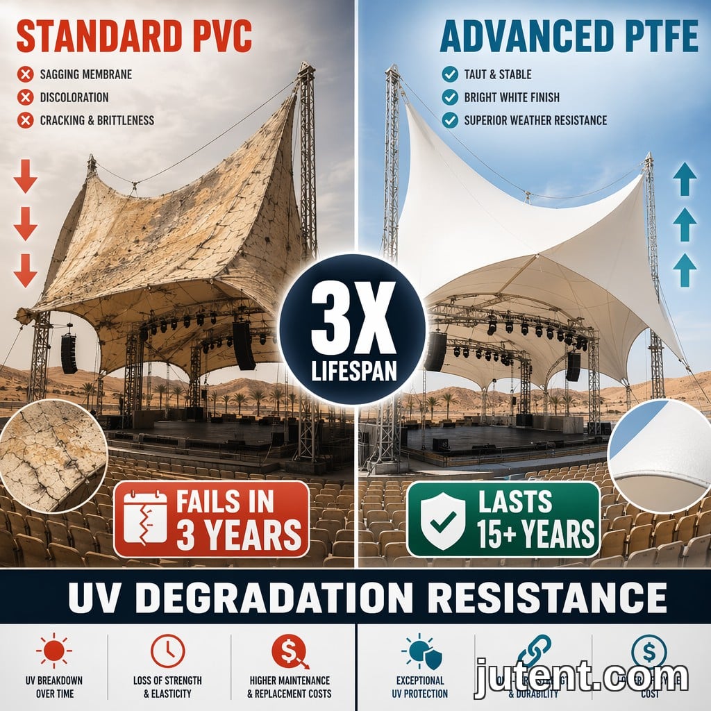 Split comparison of a degraded standard PVC membrane canopy and a durable PTFE tensile membrane stage cover over a desert venue