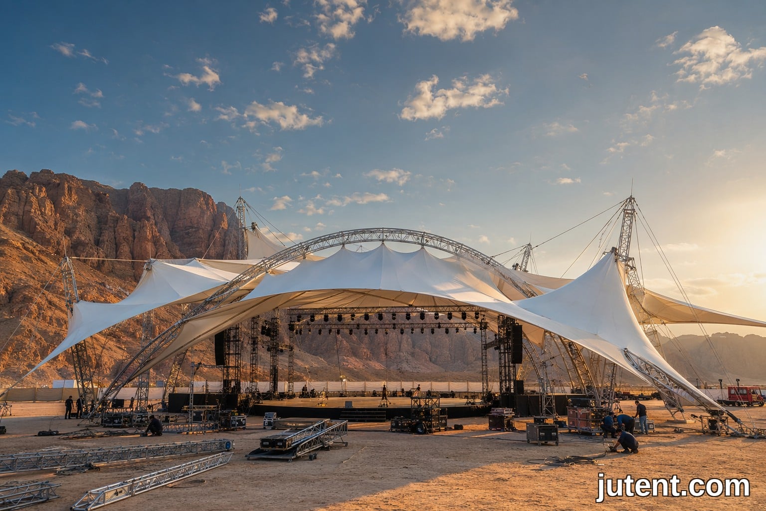Durable tensile membrane desert stage cover resisting UV degradation and sand-laden winds in Middle East, engineered by Jutent