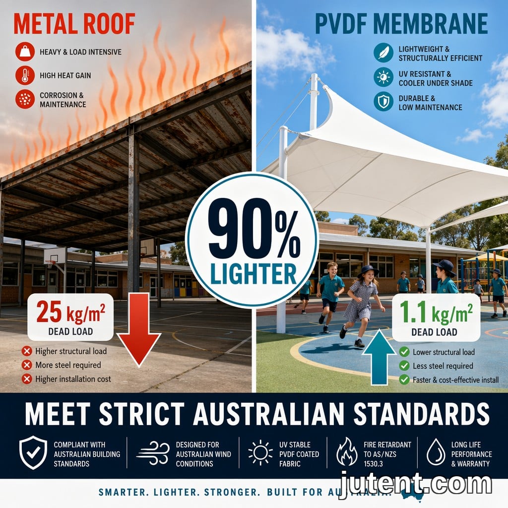 Infografik perbandingan menunjukkan bumbung logam berat berbanding kanopi membran tegangan PVDF ringan untuk teduhan taman permainan sekolah Australia