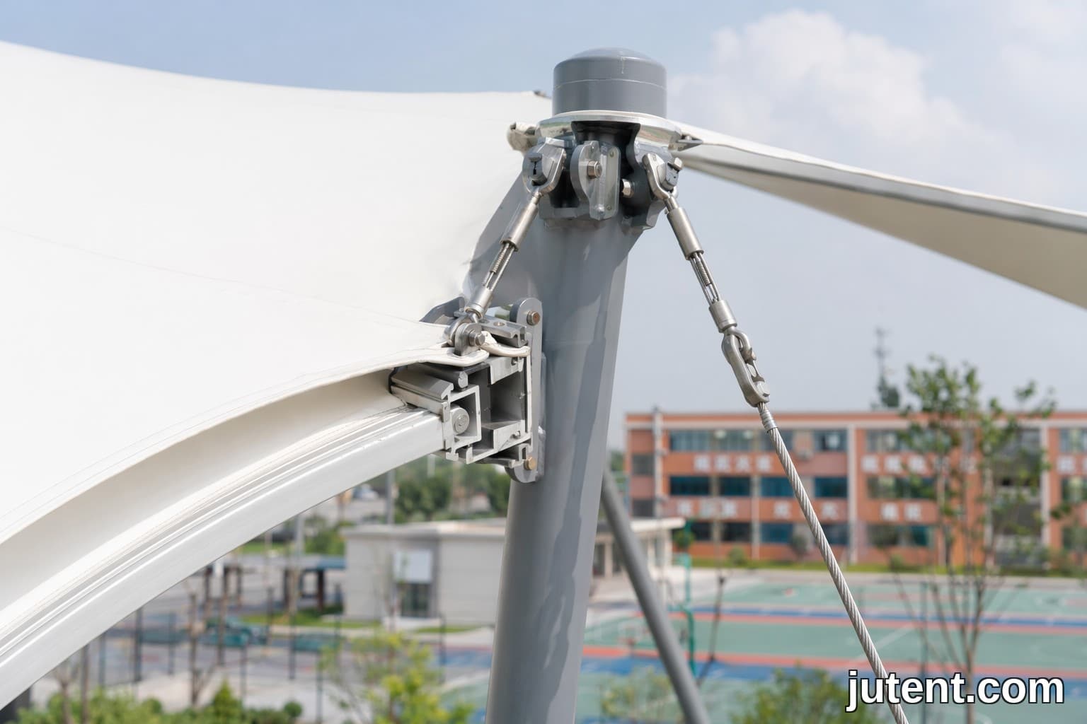 Gambar dekat bahagian atas tiang keluli dengan pengapit aluminium dan sambungan kabel tepi pada membran tegangan PVDF putih untuk struktur teduhan taman permainan sekolah