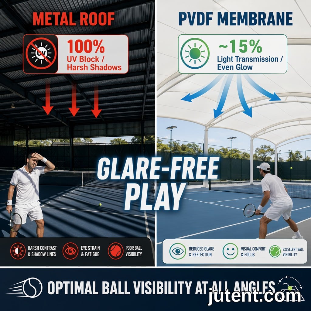 Infografik perbandingan terbahagi menunjukkan gelanggang tenis bumbung logam gelap dengan silau di sebelah kiri dan kanopi membran tegangan PVDF terang dengan cahaya sekata di sebelah kanan