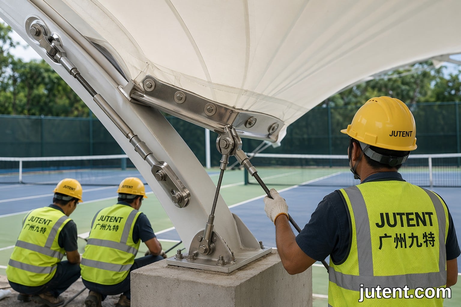 Gambar dekat membran tegangan PVDF diapit pada rasuk tepi keluli dengan kabel tegangan dan blok sauh pada kanopi gelanggang tenis