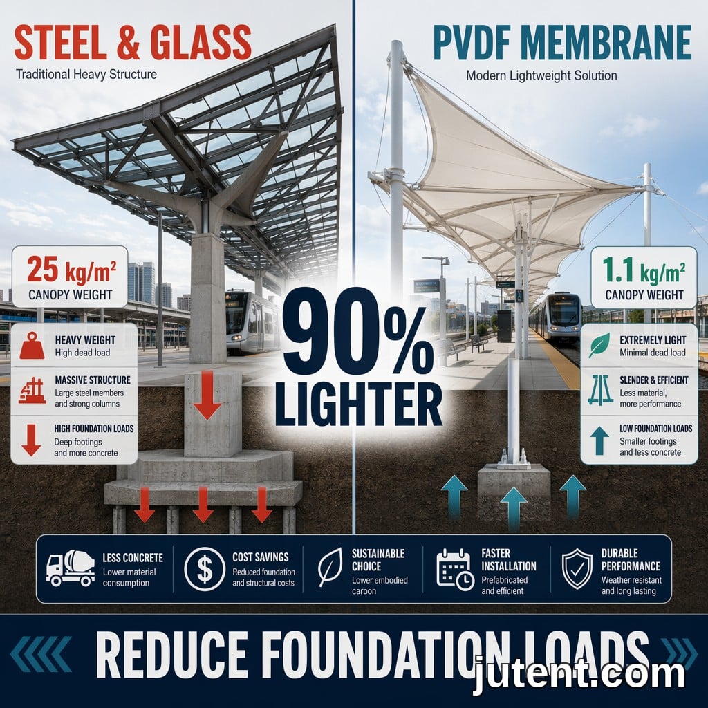 Infografía comparativa que muestra un toldo de tránsito pesado de acero y vidrio frente a un toldo ligero de membrana tensada de PVDF con la estadística de un 90% menos de peso.