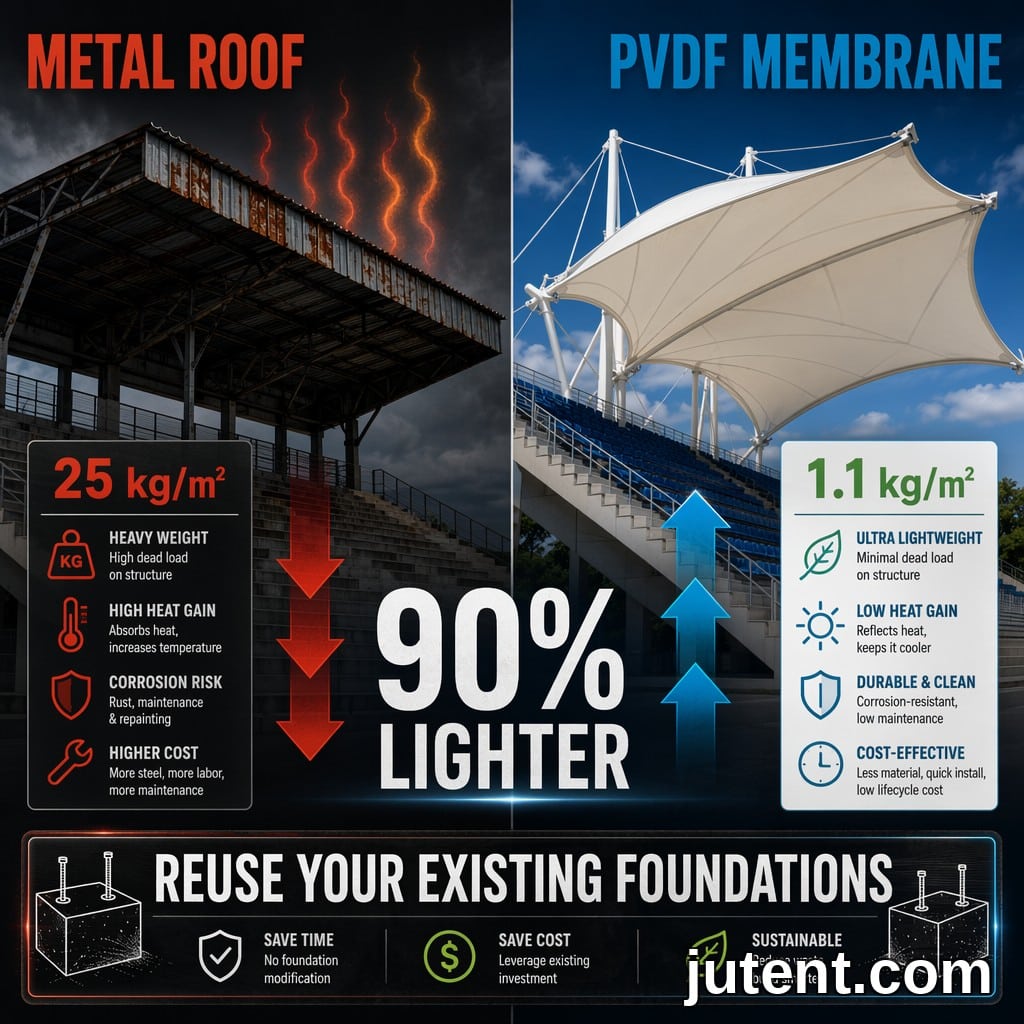 Comparison infographic showing heavy metal grandstand roof versus lightweight PVDF tensile membrane canopy for African stadiums