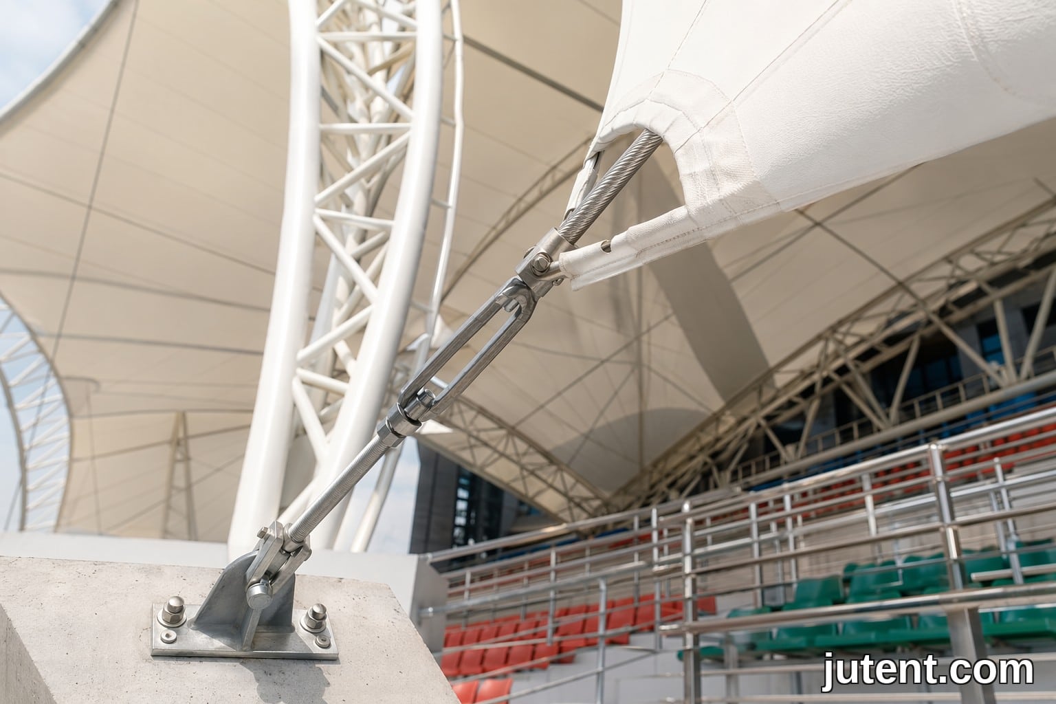 Close-up of stainless steel edge cable and turnbuckle anchoring a taut tensile membrane canopy to a concrete foundation