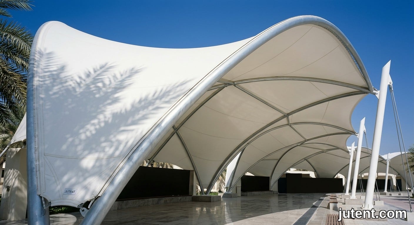 Interior view looking up at a tensioned tensile membrane school walkway canopy in the Gulf, showing white fabric and sleek galvanized steel arches.