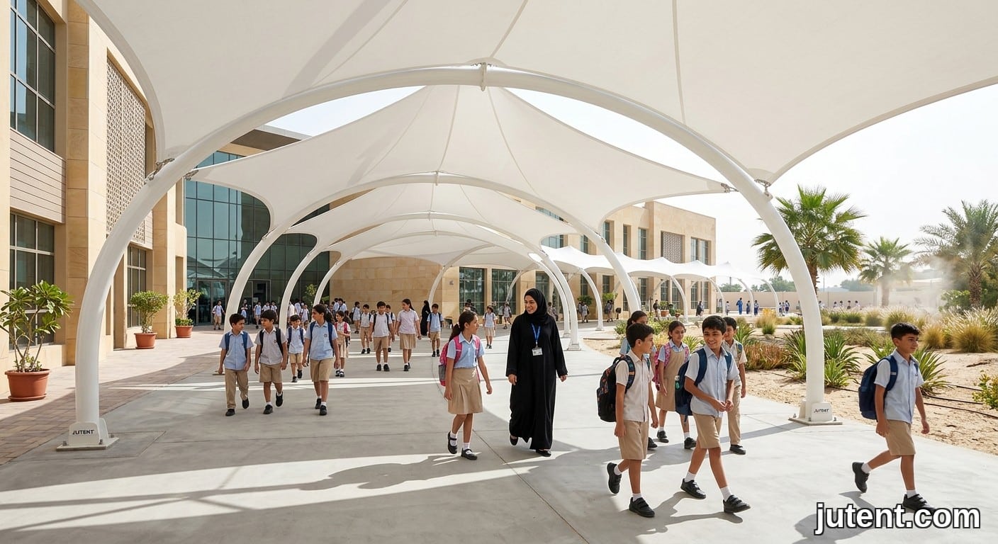 School children and teacher walking happily beneath a white tensile membrane walkway canopy on a hot Gulf day, with palm trees and clear blue sky.