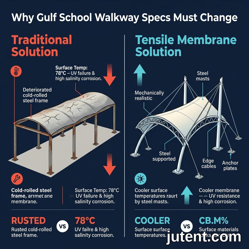 Split infographic comparing a standard deteriorating school walkway (left) with JUTENT's heat-resistant tensile membrane solution (right), with temperature and corrosion data.