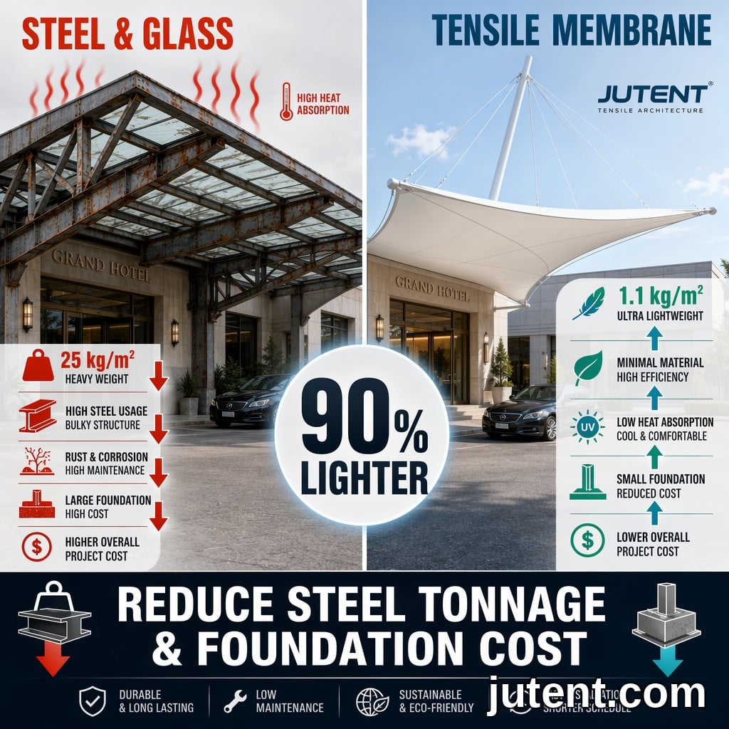Split comparison infographic showing heavy steel and glass canopy versus lightweight JUTENT tensile membrane canopy for hotel entrance