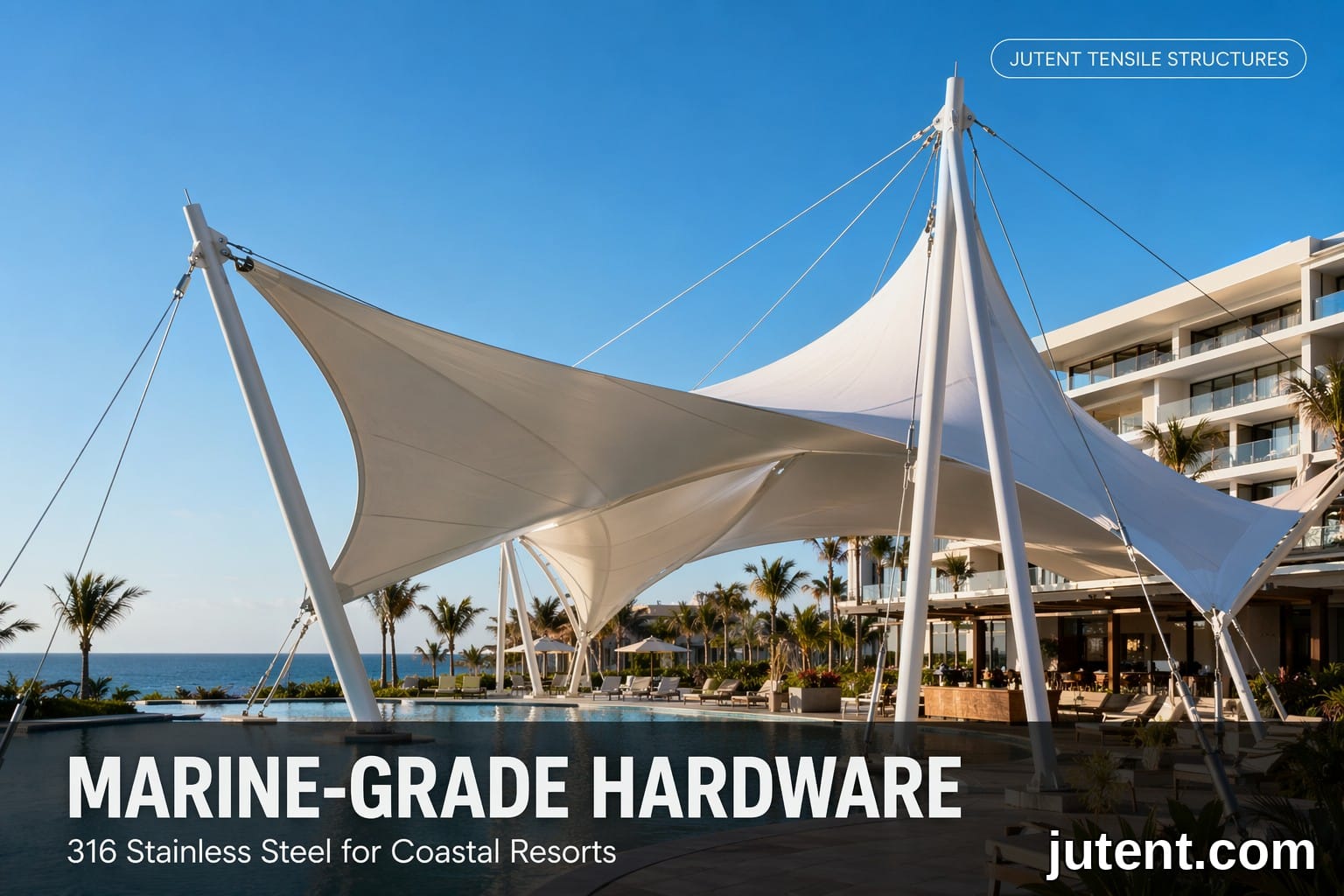 JUTENT tensile membrane canopy over hotel pool with marine-grade 316 stainless steel cables and masts, coastal resort setting