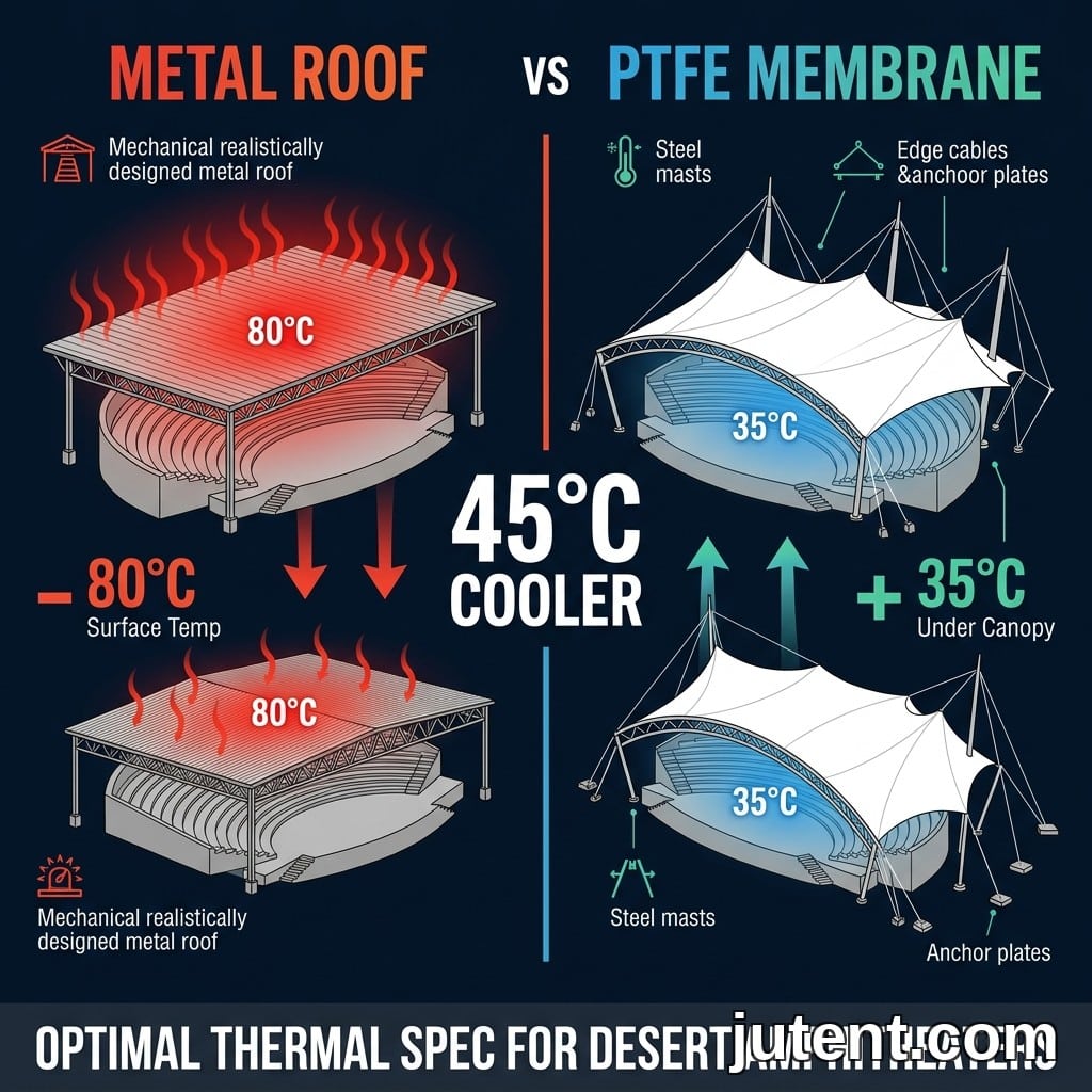 Infografik perbandingan menunjukkan bumbung logam pada suhu permukaan 80°C berbanding kanopi membran tegang PTFE putih pada suhu bawah kanopi 35°C untuk amfiteater padang pasir