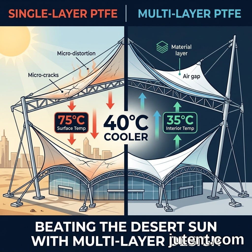 Infografik perbandingan skylight membran PTFE satu lapisan yang gagal di bawah haba padang pasir berbanding skylight PTFE berbilang lapisan yang mengekalkan suhu dalaman yang sejuk