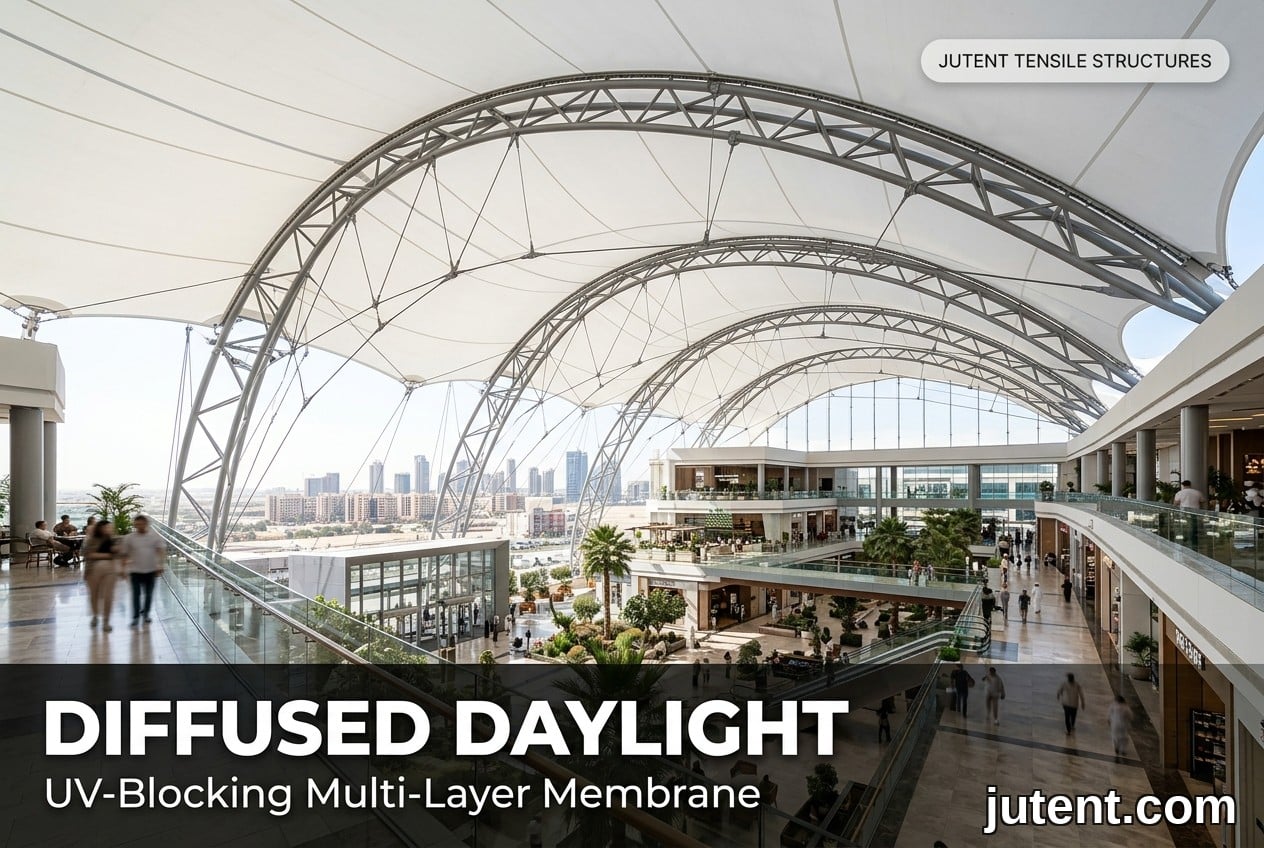 Bahagian dalam atrium komersial yang terang dengan skylight membran tegang PTFE berbilang lapisan menyediakan pencahayaan semula jadi yang tersebar dan perlindungan UV di iklim Teluk