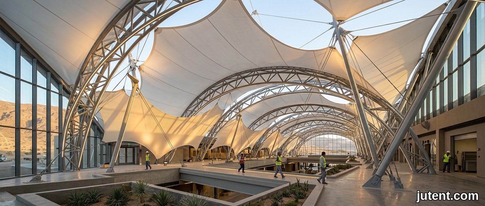 Multi-layer tensile membrane atrium skylight in Gulf climate resisting extreme desert heat and UV radiation for interior daylighting