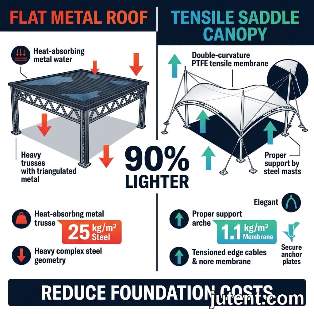 Split comparison infographic showing heavy steel truss flat roof versus lightweight PTFE tensile saddle canopy over tennis court