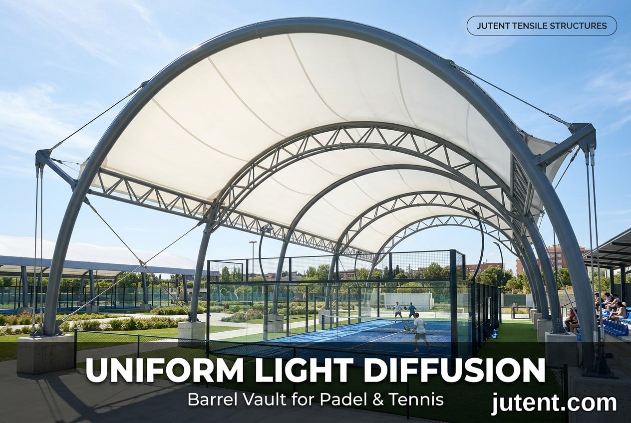 White PTFE tensile membrane barrel vault canopy over a padel tennis court with steel arch supports and diffused natural lighting