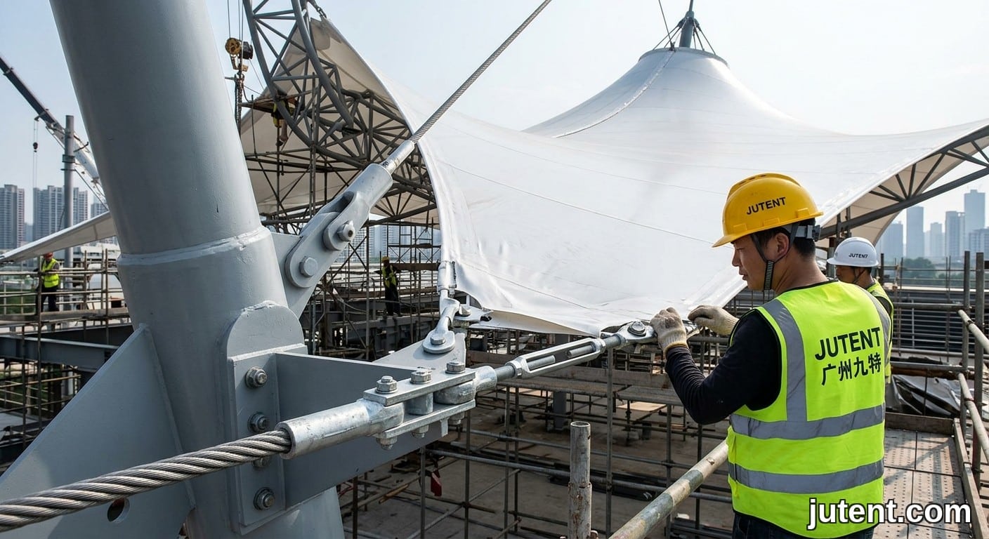 Close-up detail of PTFE tensile membrane edge cable termination at steel anchor point on a saddle canopy structure