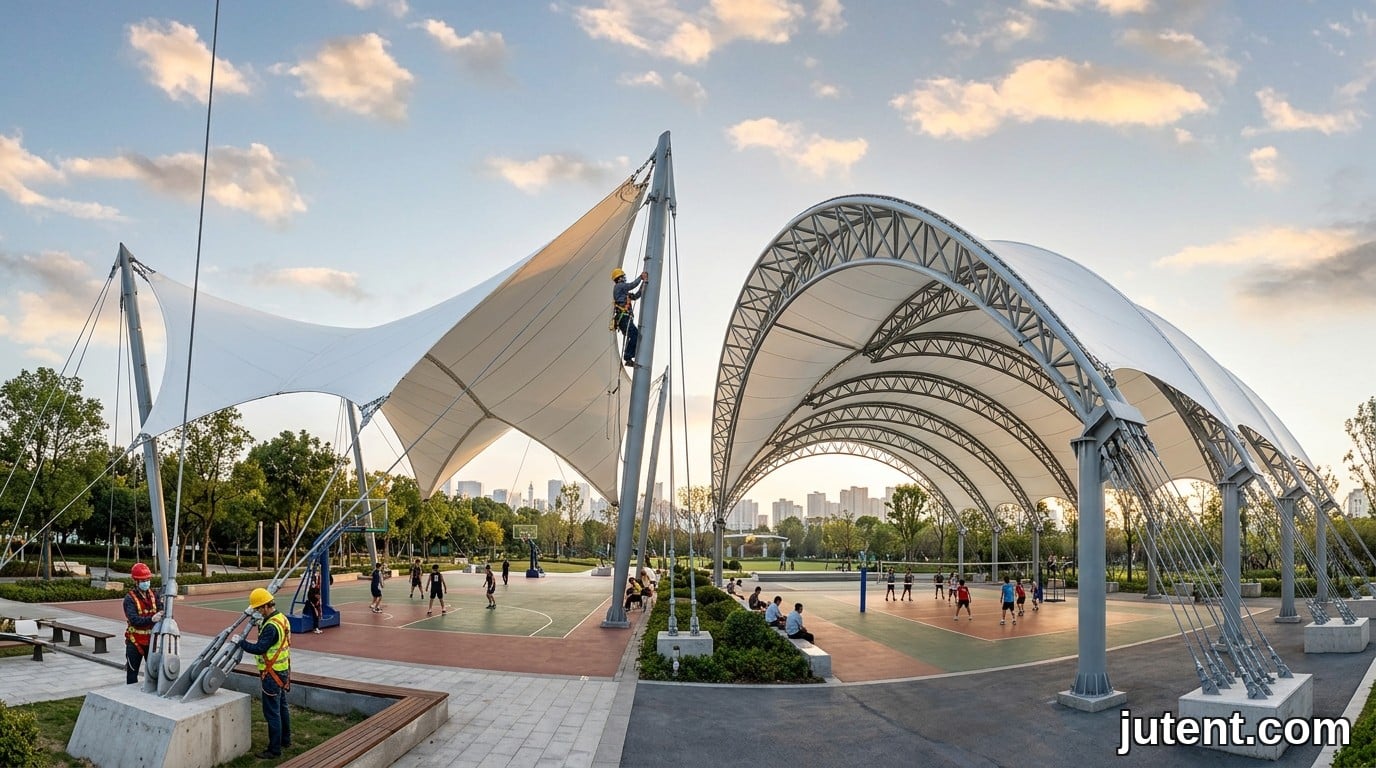 Aerial view comparing saddle and barrel vault tensile membrane canopies over sports courts, highlighting structural form differences
