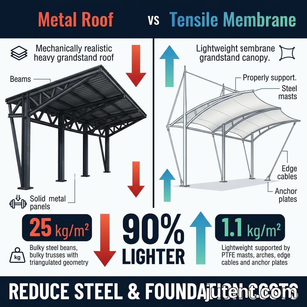 Infographie comparative montrant un toit en métal lourd à gauche et un auvent en membrane tendue légère à droite pour une tribune de stade, mettant en évidence une réduction de poids de 90 %.
