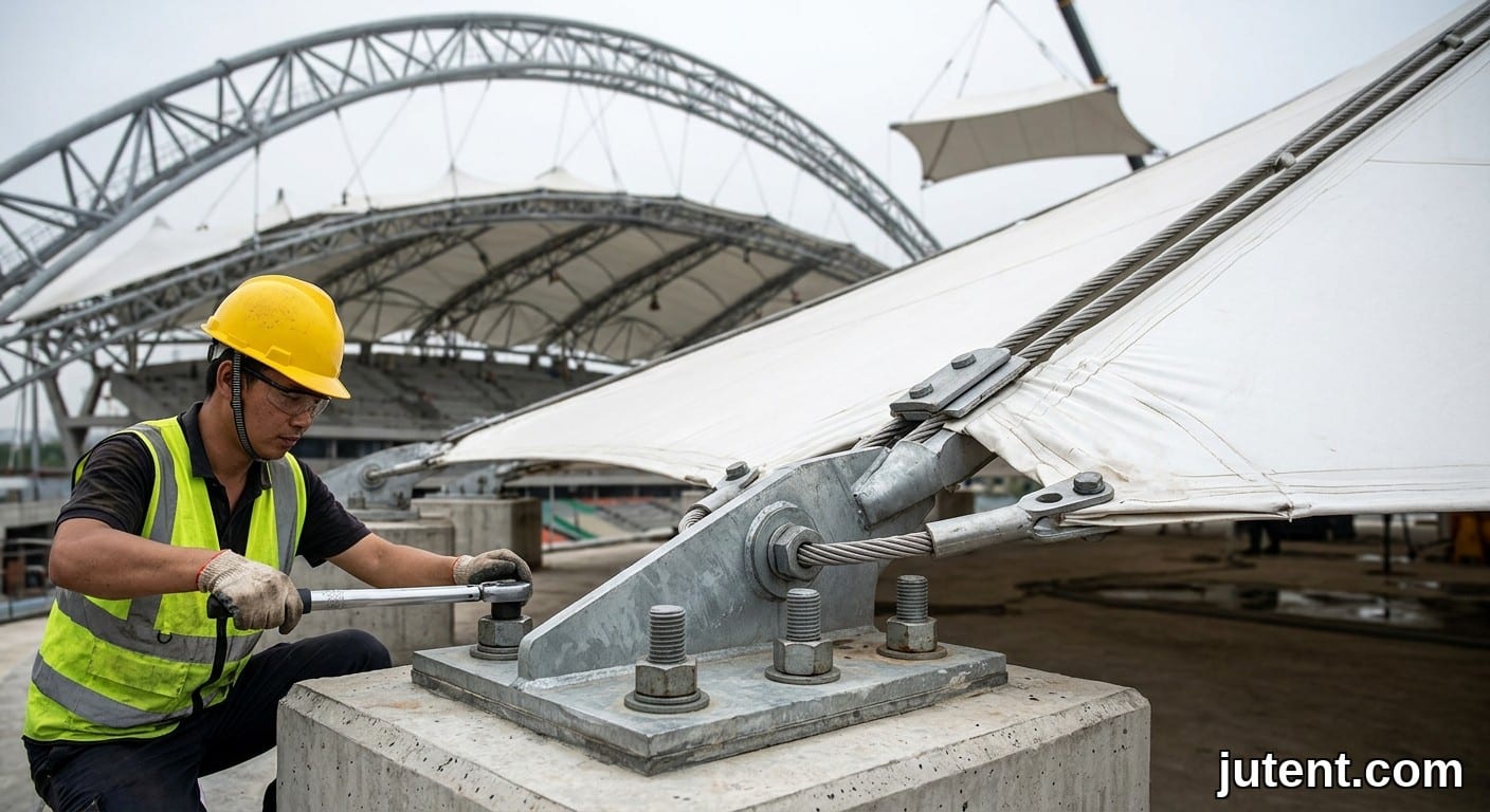 Détail en gros plan d'un câble de bord en acier inoxydable et d'une plaque d'ancrage fixant une membrane tendue PTFE blanche à une fondation en béton sous un auvent de stade.