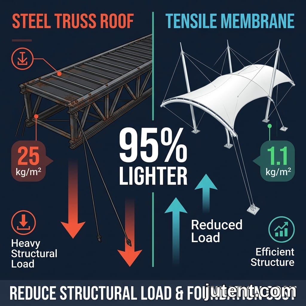 Infografik perbandingan menunjukkan bumbung kekuda keluli berat di sebelah kiri dan kanopi membran tensil ringan di sebelah kanan dengan statistik pengurangan berat