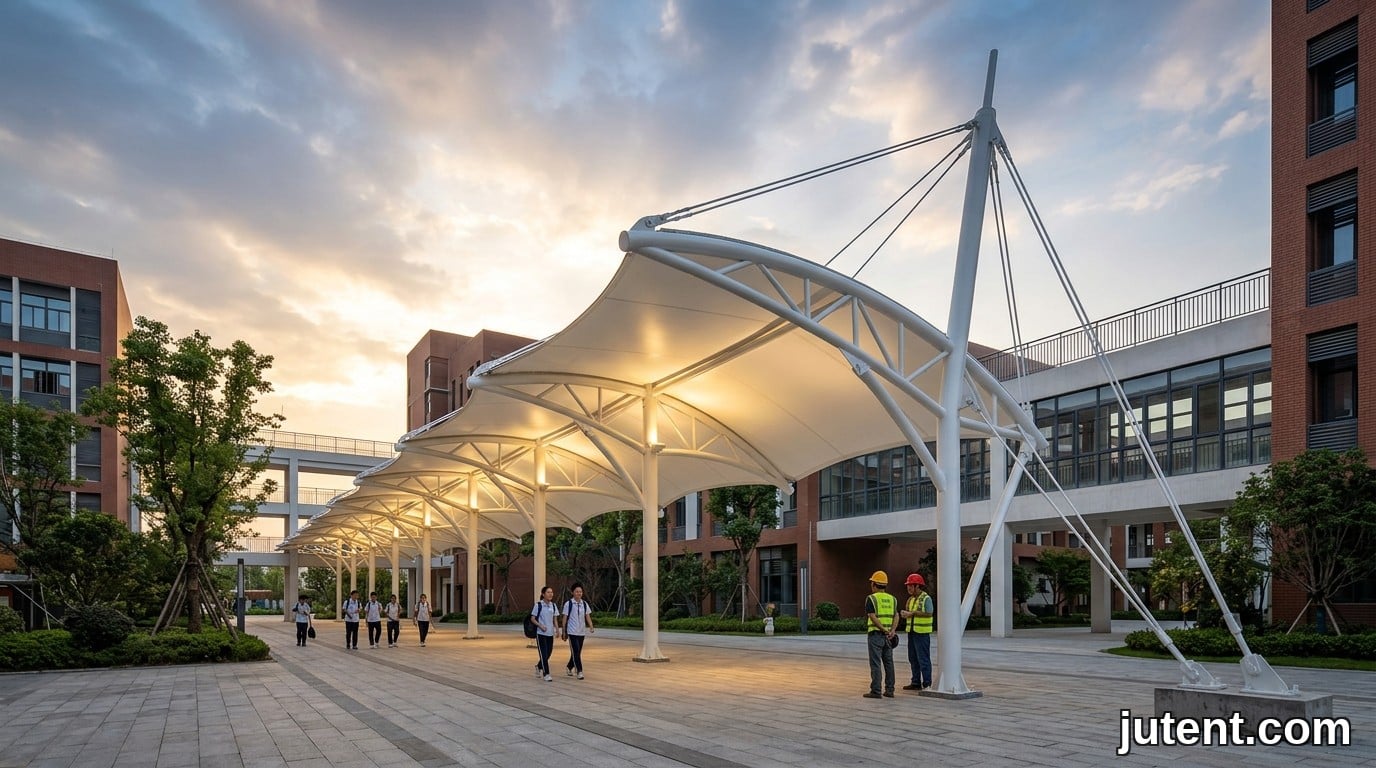 Covered metal walkway connecting school buildings with students walking under tensile membrane shade structure