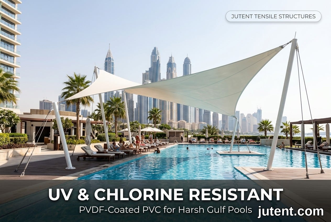Teduhan kolam renang membran tegangan PVC bersalut PVDF putih di atas kolam renang mewah di Dubai, dengan tiang dan kabel