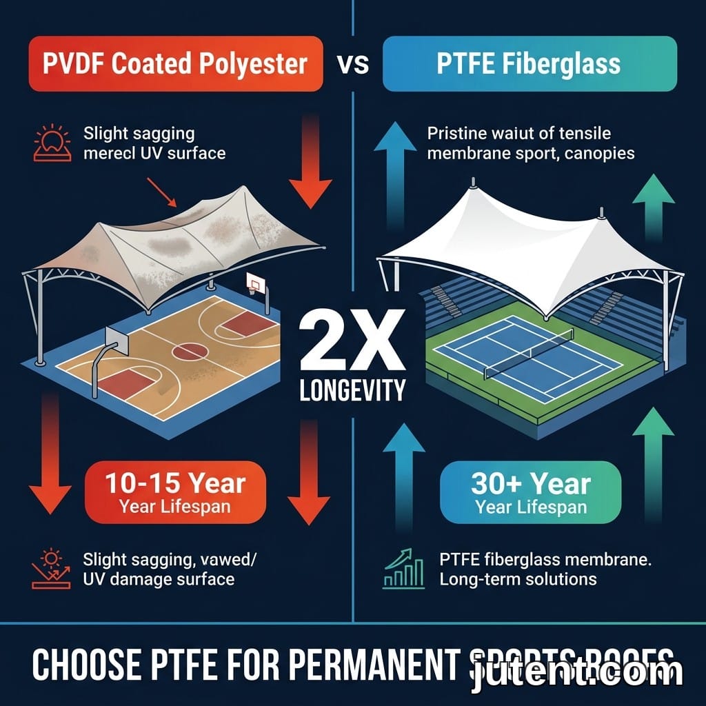 Comparação dividida de coberturas esportivas de membrana tensionada de poliéster PVDF e fibra de vidro PTFE, mostrando vida útil e diferenças estruturais