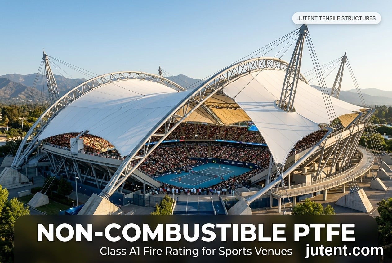 Arena de tênis profissional com telhado de membrana tensionada de PTFE branco, suportado por arcos de aço e cabos, mostrando construção à prova de fogo