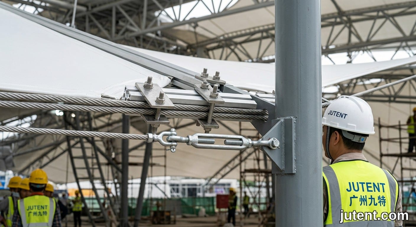 Detalhe da conexão do cabo de borda da membrana tensionada de PTFE com grampo de alumínio, cabo de cumeeira de aço e sistema de tensionamento com tensor