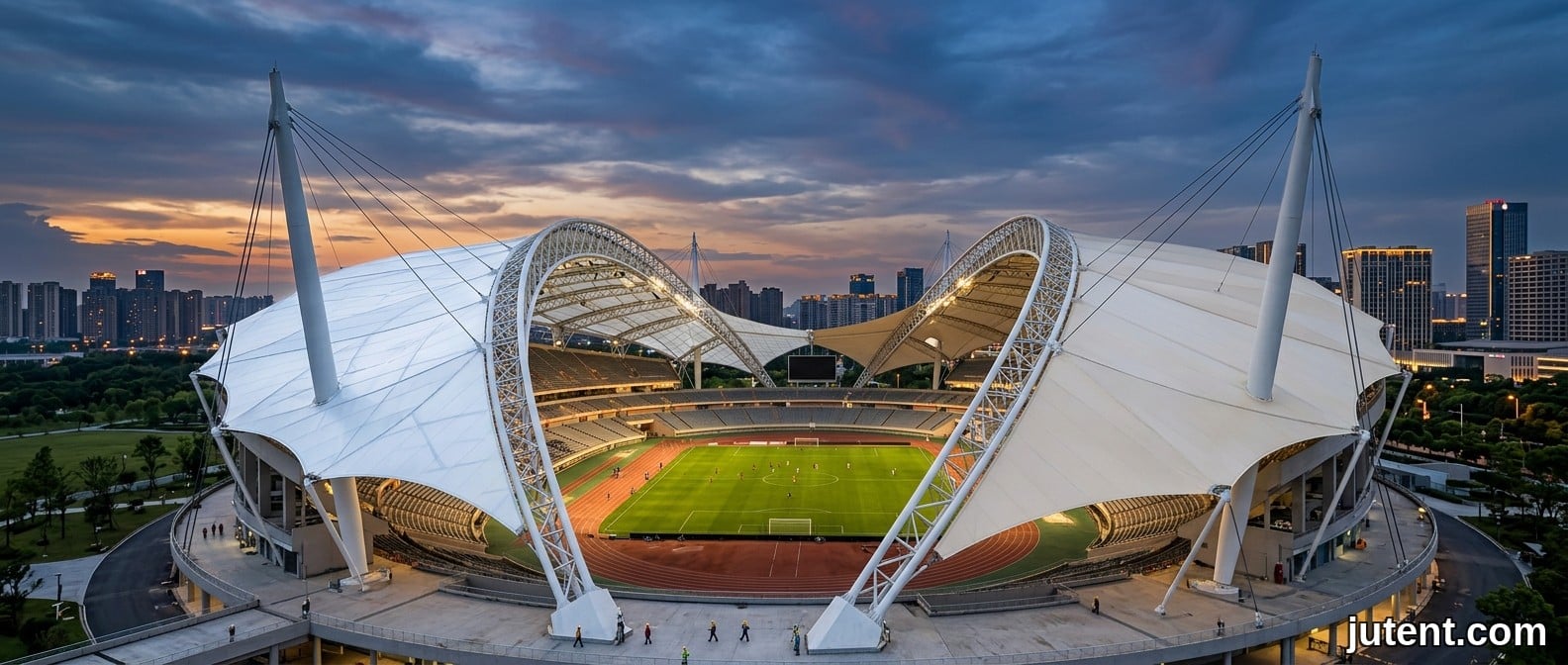 Two tensile membrane sports roofs side by side comparing PVDF and PTFE materials for permanent sports canopy structures