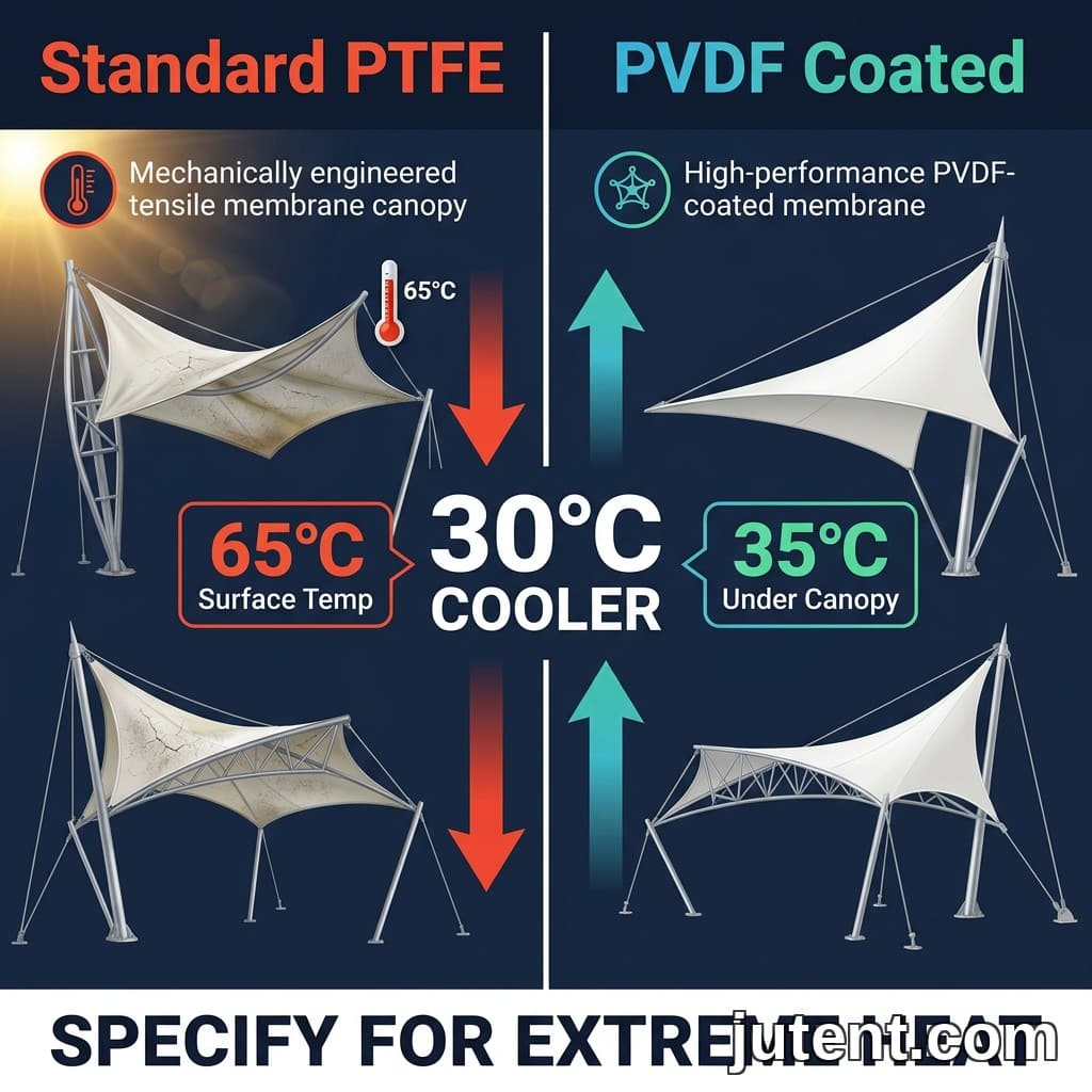 Split comparison of standard PTFE membrane canopy showing heat damage versus PVDF coated tensile canopy staying cool under Dubai sun