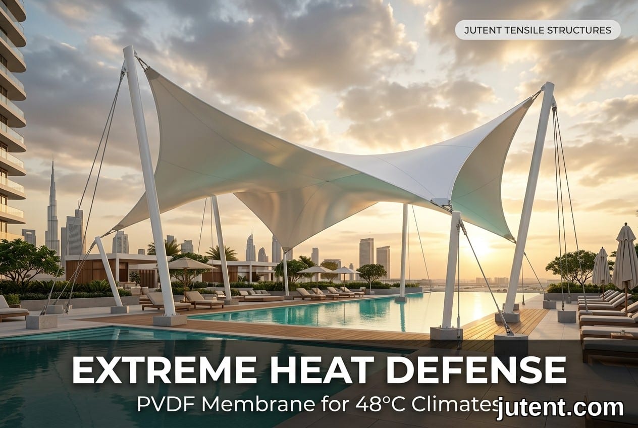 White PVDF tensile membrane canopy shading a hotel pool deck in Dubai with steel masts and cables under bright sun