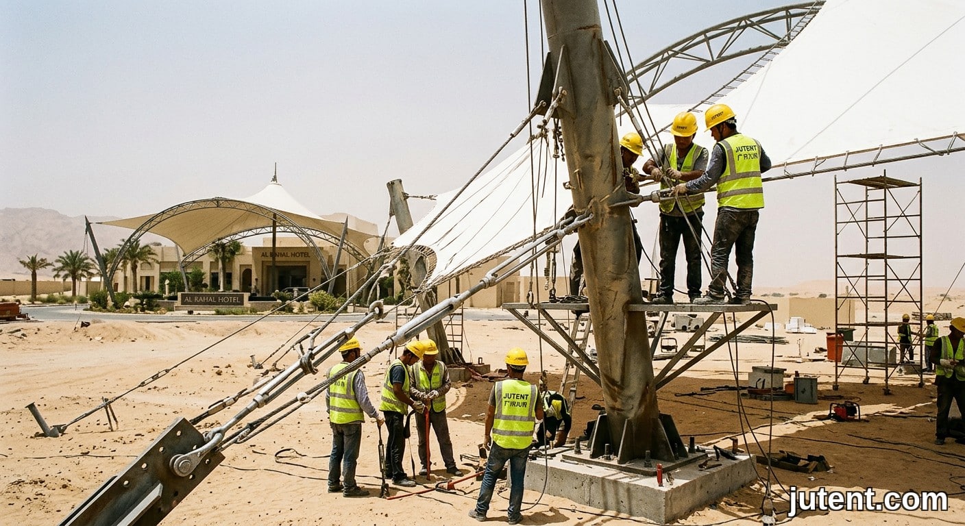 Construction workers installing a white PVDF tensile membrane canopy with steel masts and cables in a desert hotel site