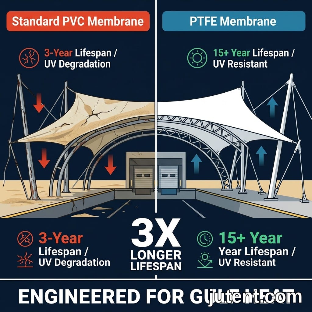 Infographic so sánh giữa mái che PVC tiêu chuẩn bị hỏng và mái che màng PTFE bền bỉ tại bến bốc xếp vùng Vịnh, kèm số liệu về tuổi thọ.