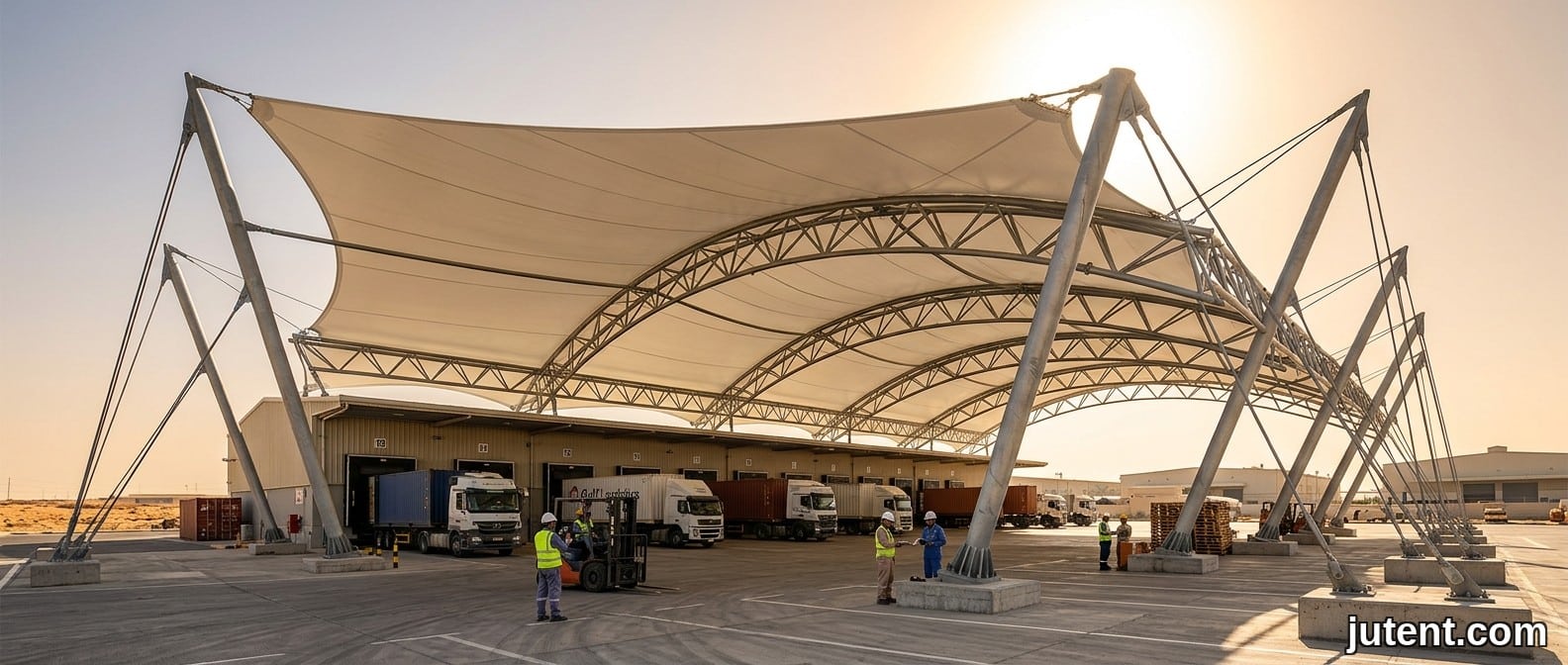 Jutent heat-resistant tensile membrane canopy over loading bay in Gulf region with trucks and extreme sun
