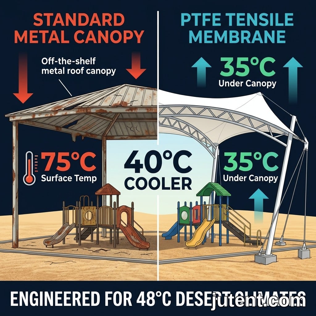 Infografik perbandingan berpecah menunjukkan kanopi logam standard yang gagal pada suhu permukaan 75°C berbanding struktur membran tegang PTFE berprestasi tinggi yang memberikan suhu bawah kanopi 35°C di taman permainan padang pasir.