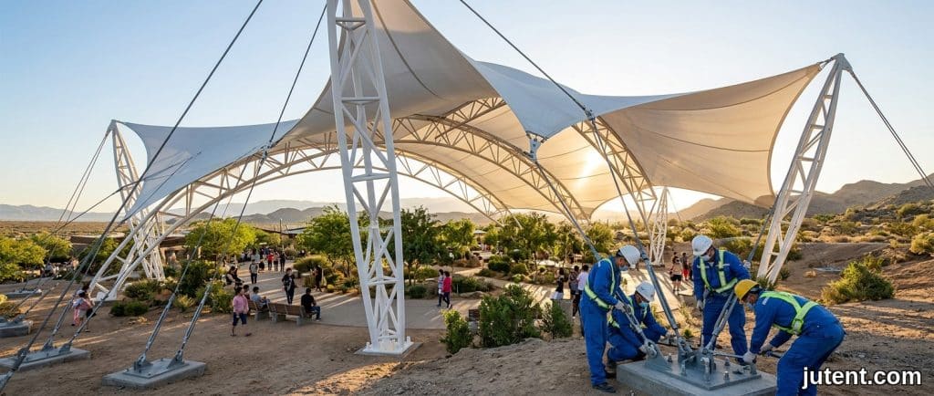 Grande cobertura de sombra de membrana tensionada resistente ao calor sobre playground infantil em parque desértico, reduzindo temperaturas com estrutura Jutent