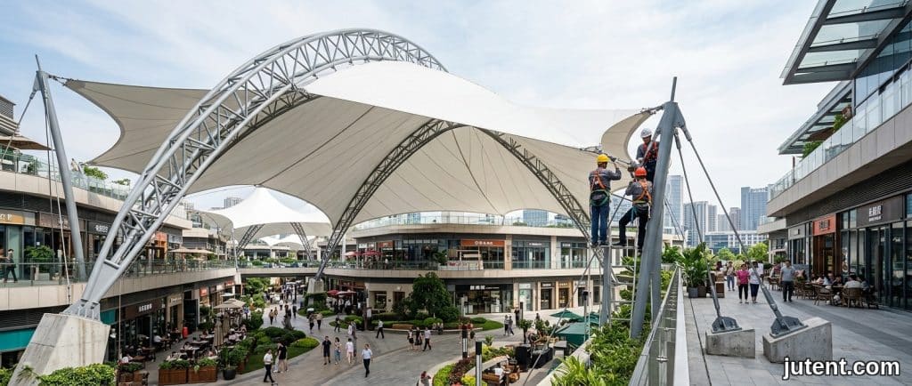 Dossel moderno de membrana tensionada sombreando uma passagem de varejo em Dubai com luz solar intensa e névoa de calor visível